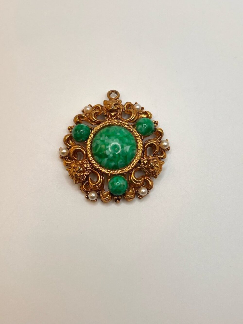 Vintage 1960s Golden Lions Pendant Green Cabochon Faux Pearl Gold Tone